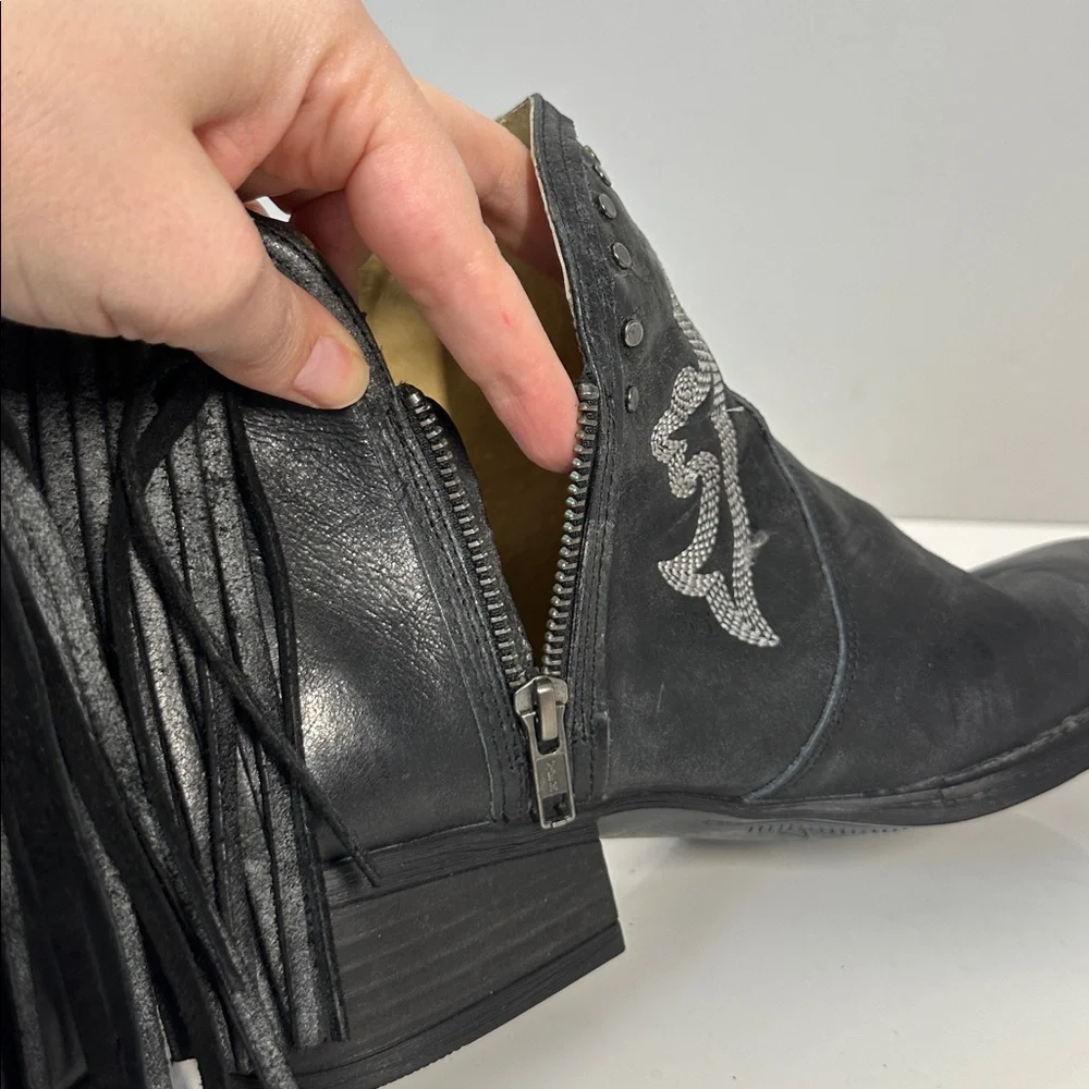 Black Leather Fringe Studded Cowboy Ankle Boots